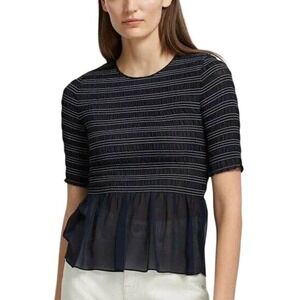 Club Monaco Silk Peplum Top Navy Smocked‎ Luceenie Sheer Women's S